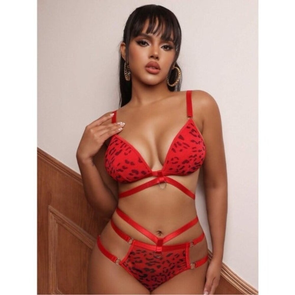 Large Red Leopard Cut-out Lingerie Set